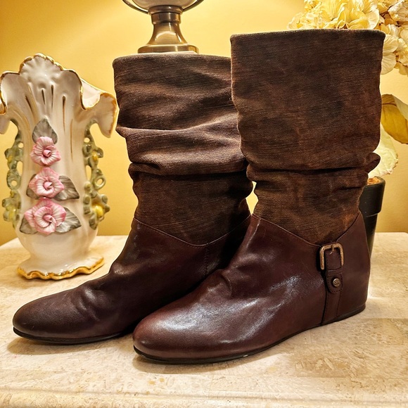 STUART WEITZMAN BROWN LEATHER SLOUCH CALF WEDGE BOOT 8